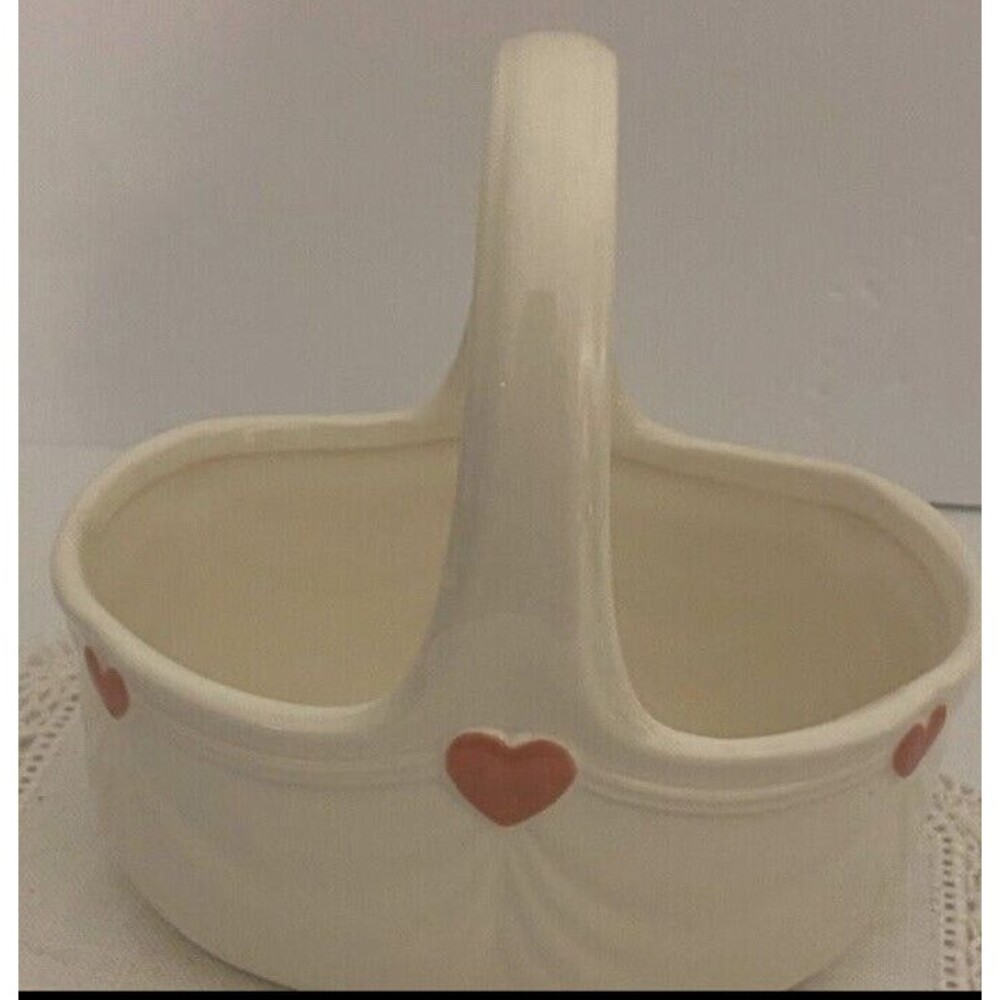 Japan 1985 VTG FTDA Ceramic BasketW/ Heart Motif Pottery Planter With Handle 7